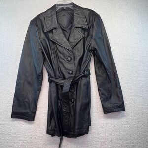 Jacqueline Ferrar Womens Black Leather Trench Coat Belted Button Down Mid Size L
